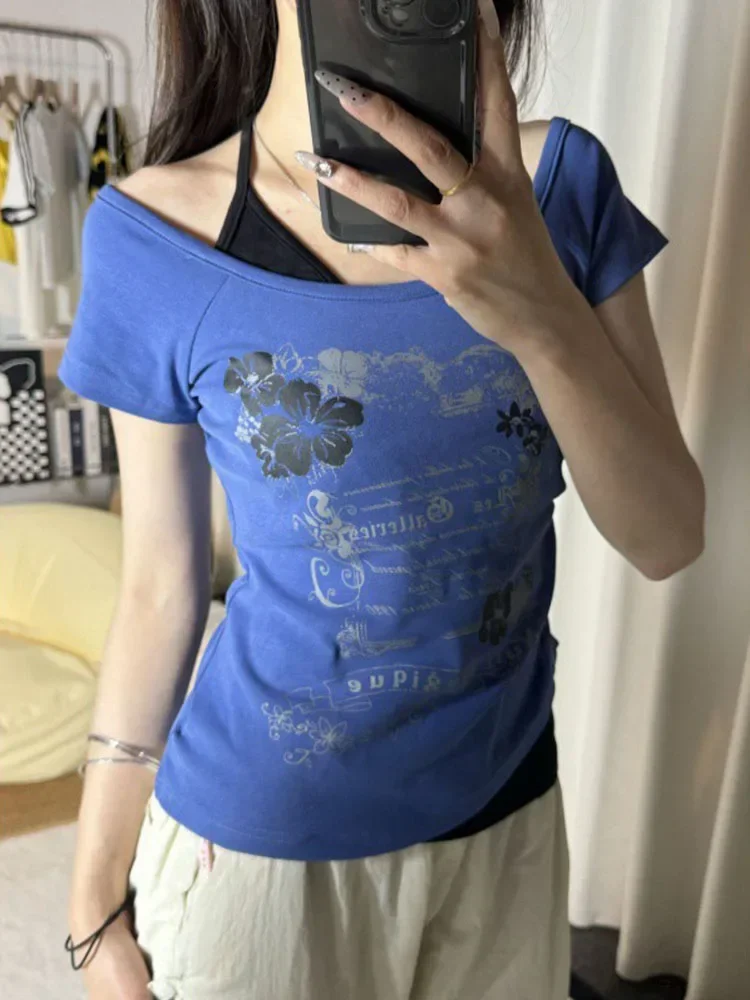 

Summer Vintage Fake Two Piece Halter Lace Up T-shirts Y2k Slim Fit Print Tops Women Off Shoulder Short Sleeve Tee Shirt 2025