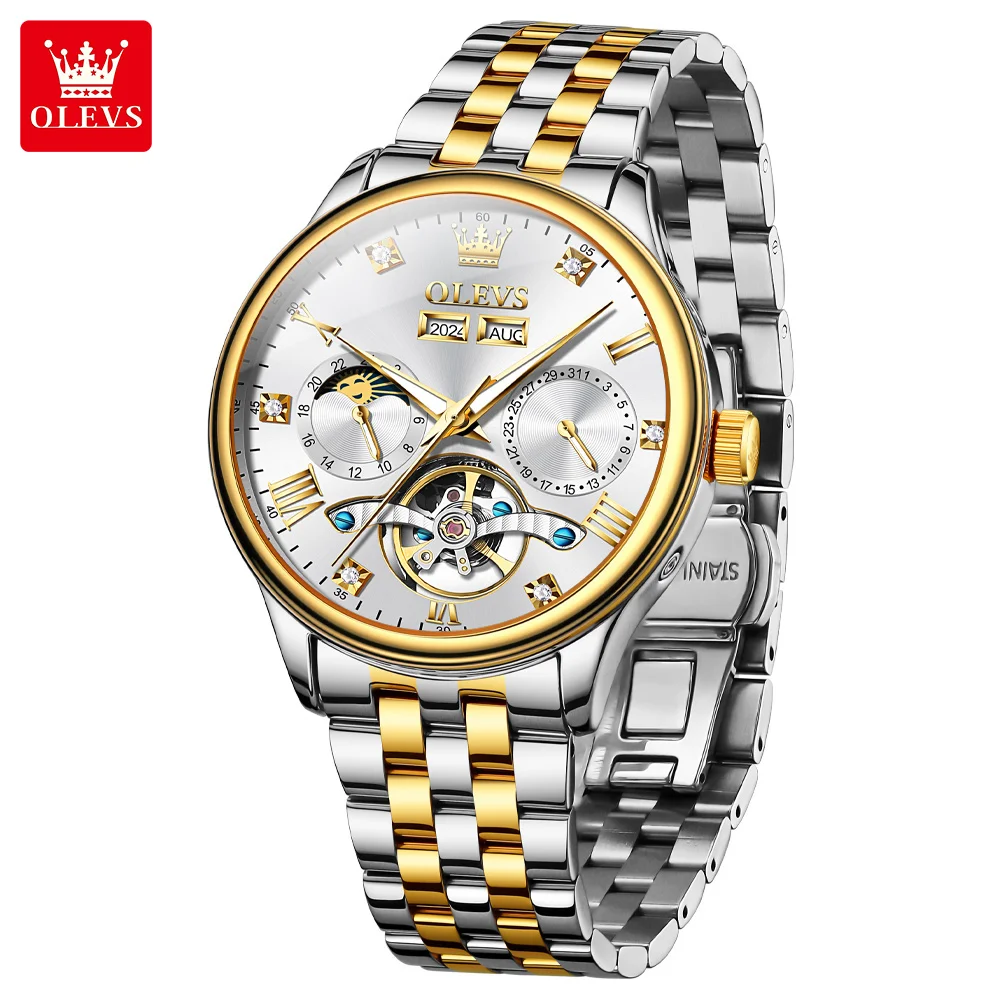 OLEVS 7023 Skelett-automatische mechanische Uhr für Herren, multifunktionaler Mondphasenkalender, wasserdicht, ausgehöhlt, luxuriöse Herrenuhr