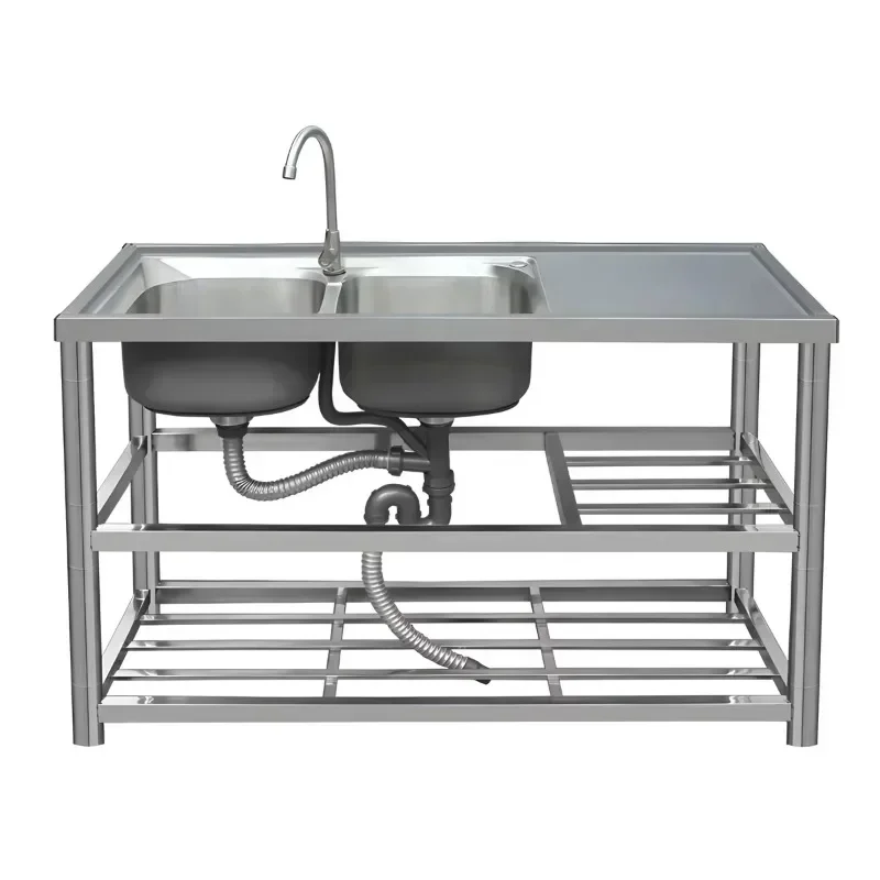 Portable 201 304 stainless steel sink commercial kitchen double bowl household sink with bracket countertop integrated sink