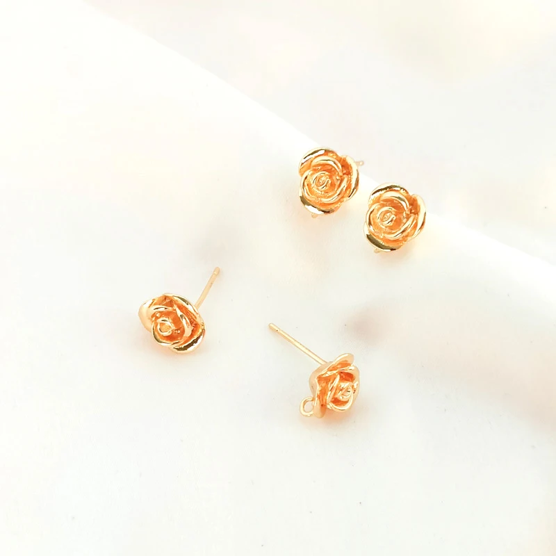 2 pieces   copper wrapped 14K Gold three-dimensional rose with ring earrings DIY hand Earrings semi-finished parts materials