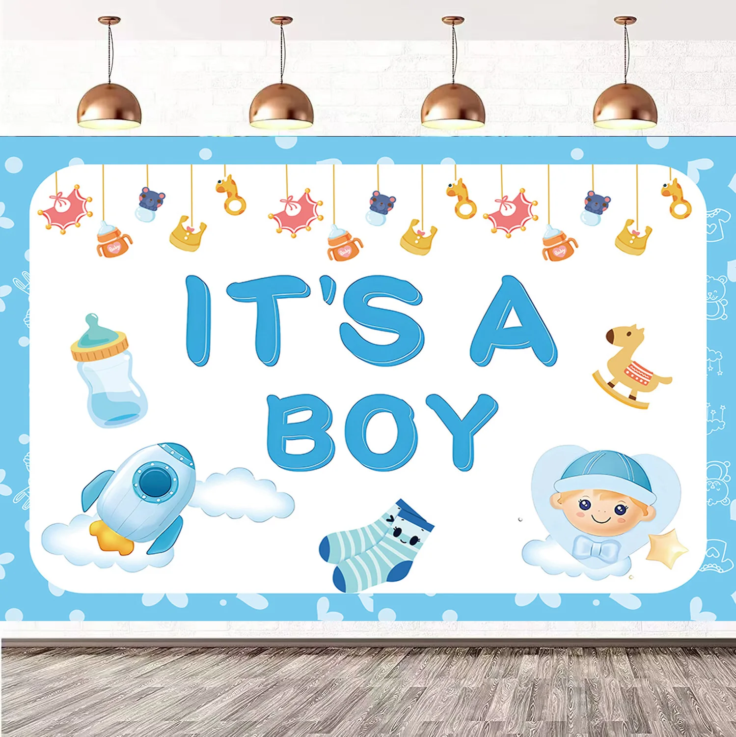 

It's A Boy Blue Space Party Backdrop for Baby Shower Decorations Supplies Rocket Vinyl Photo Studio Background Gender Reveal