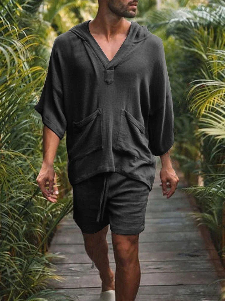 2026 Sommer Herren Einfarbiges Baumwoll-Leinen Zweiteiler-Set V-Ausschnitt Halbarm T-Shirt Lockere Shorts Atmungsaktiv Urlaub Alltag Lässig Passend – Detail 9