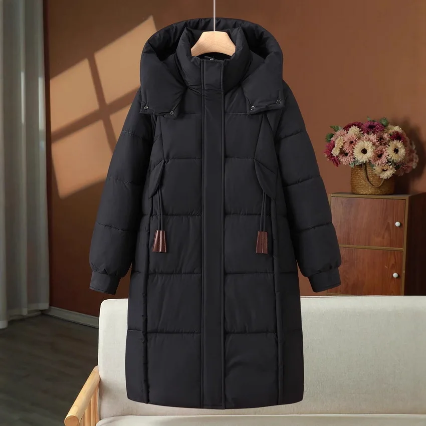 Parkas Coats Women Solid Mid Length Jackets Zipper Pocket Hooded Drawstring Long Sleeves Thick Office Lady Casual 2025 Winter