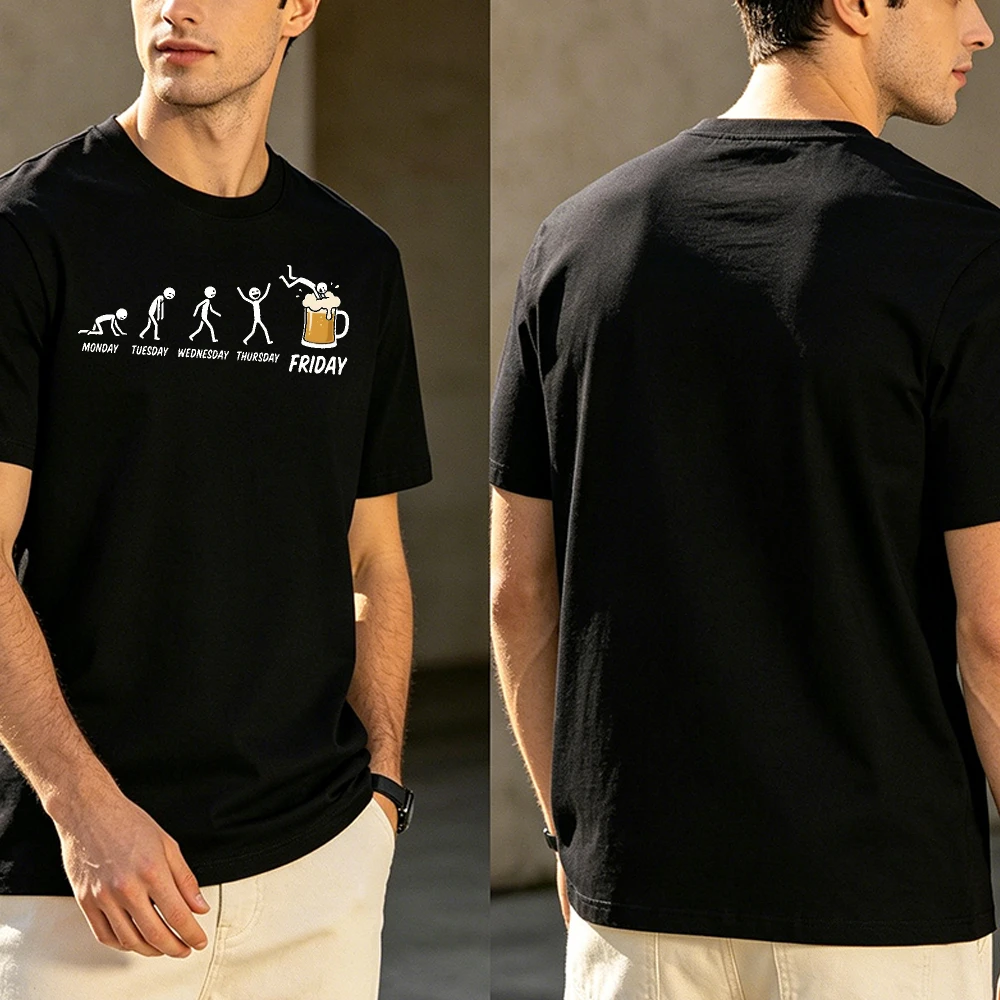 Weekly Mood Stick Figure Beer Friday Summer Men Cotton T-Shirt Stick Man Funny Beer Lover Casual Graphic Short Sleeve Attire
