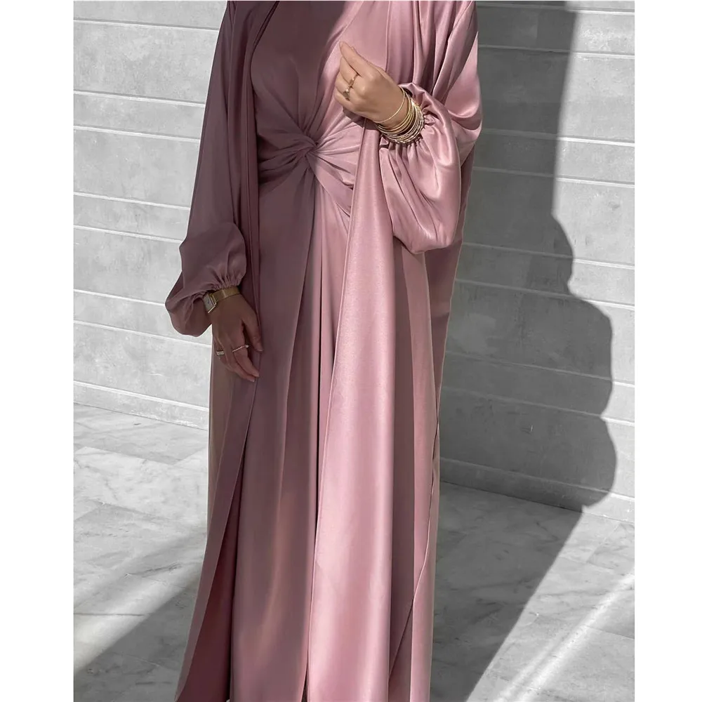 Muslim Hijab Dress Eid Satin Abayas 3 Piece Matching Sets Women Open Turkey Arab Robe Kaftan Kimono Femme Jalabiya Vestidos Gown