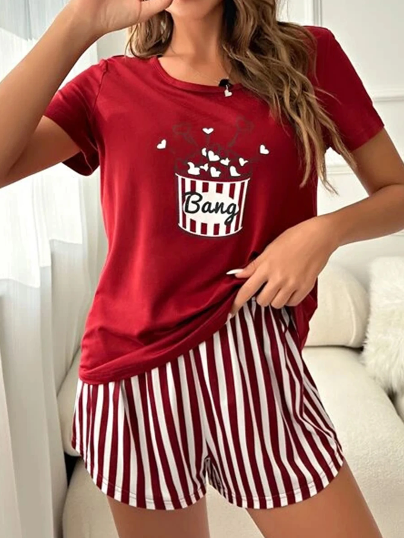 Women Pajamas Set Sleepwear Summer Popcorn Print Short Sleeve Round Neck Top & Allover Prints Strip Shorts Casual Loungewear Set