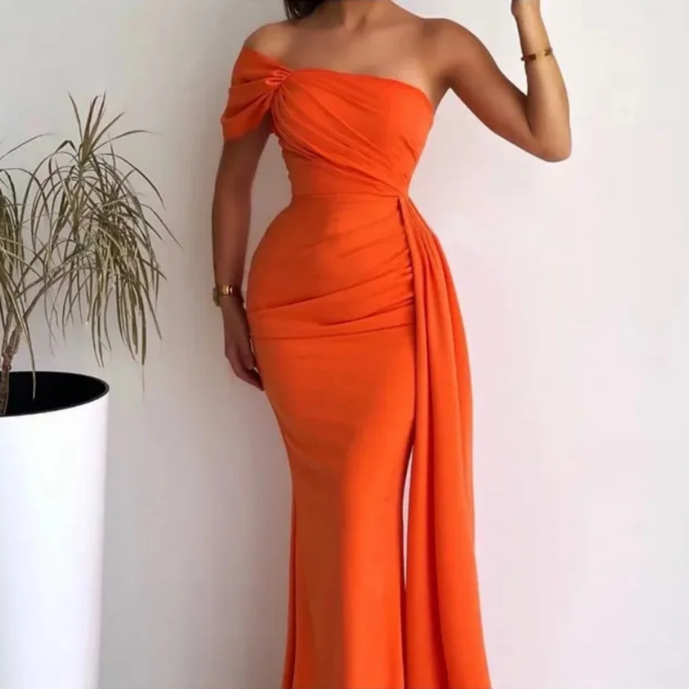 

Simple Fashionable Sexy Mermaid Bridesmaid Evening Dress With Sweep One Shoulder Orange Satin Arabian Dubai Women's Prom Dress