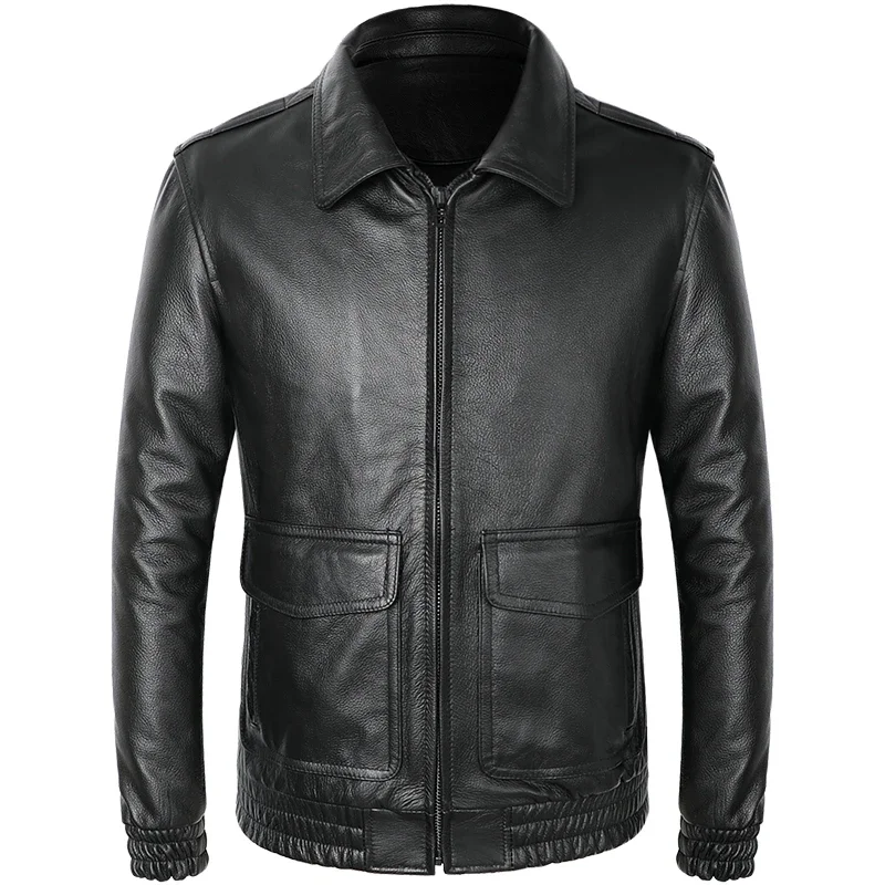 

New Men's Real Leather Bomber Jacket Autumn Spring A1 Pilot Air Force Flight Cowhide Coat Outwear Biker Male Clothing Plus Size