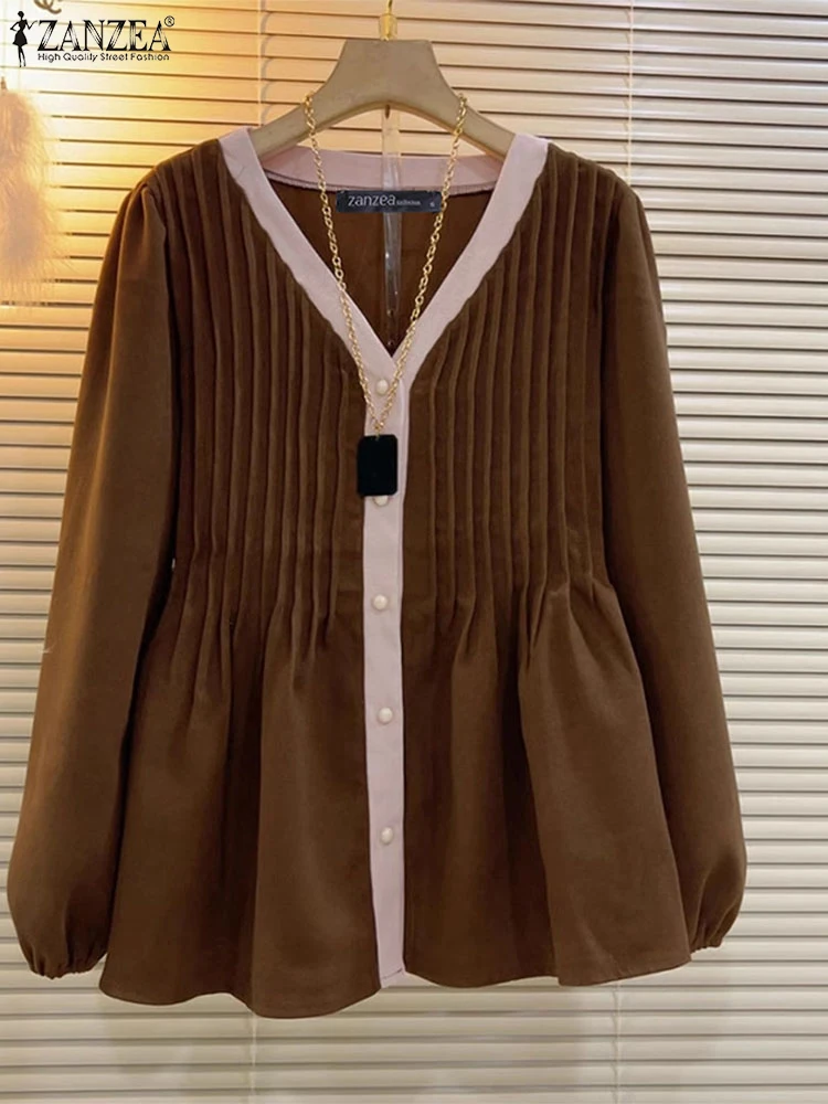 

ZANZEA 2025 Autumn Elegant Colorblock Top Tunics Women Harajuku Blouses Casual Lantern Long Sleeve Shirts V-Neck Ruffles Blusas
