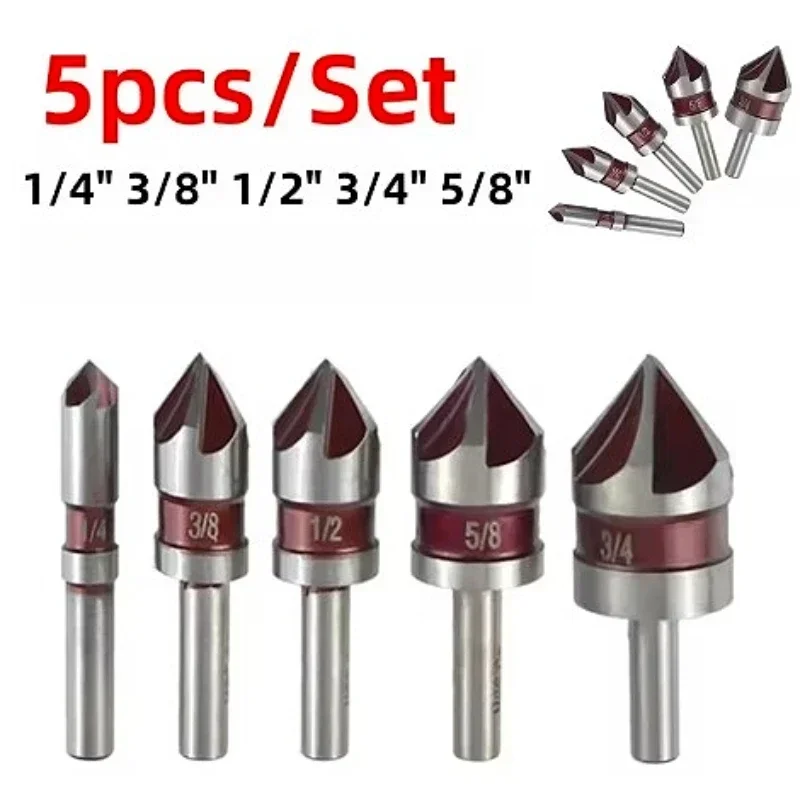 5 플루트 카운터싱크 드릴 비트 세트 1/4'' 헥스 샹크 82도 테이퍼 목재 금속 홀 커터 디버링 챔퍼링 트리머 도구