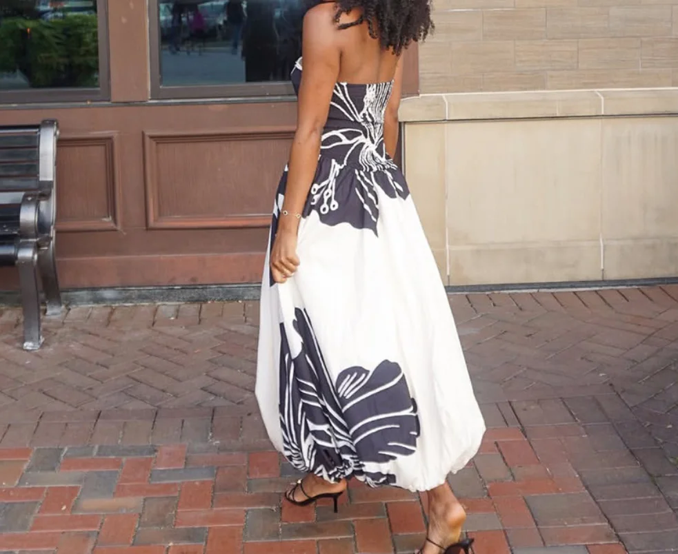 

Women's Dress, Black and White Printed A-Line Dress, Contrasting Strapless Long Dress, Banquet Dress&party Dress