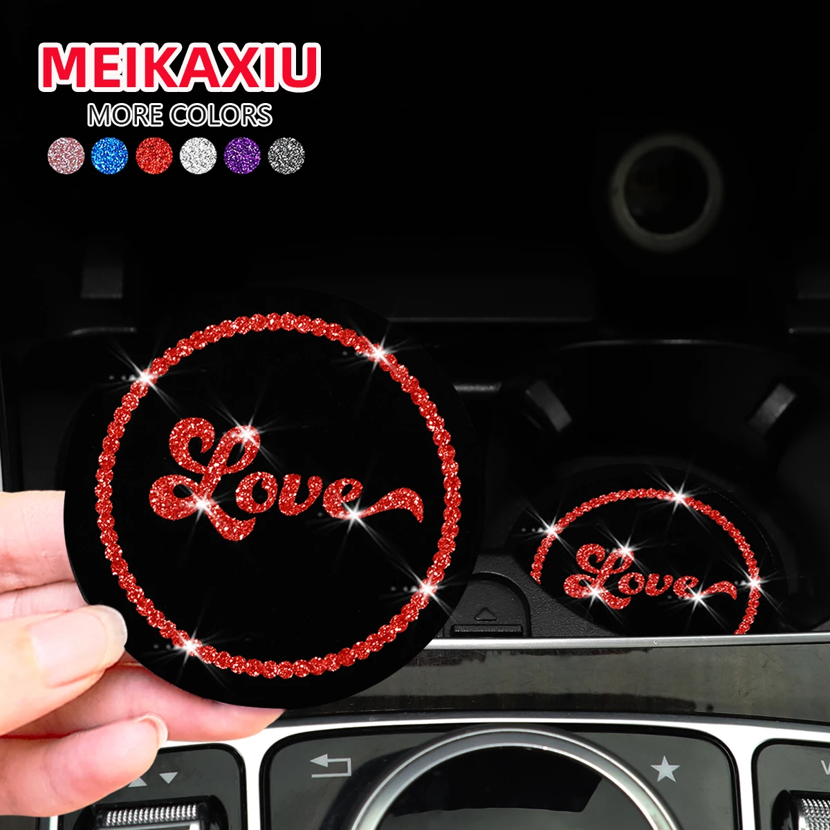 2 LOVE Glitter Blingbling fabric waterproof car coasters pair of decorative non-slip MATS for car interiors all-season