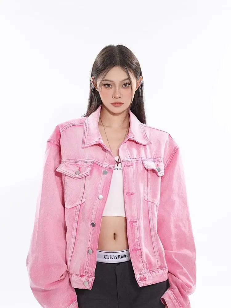 Unisex Personalized Trendy Pink Two Piece Wide Leg Pants Silhouette Denim Jacket With High Streetwear Wide Leg Jeans Pants