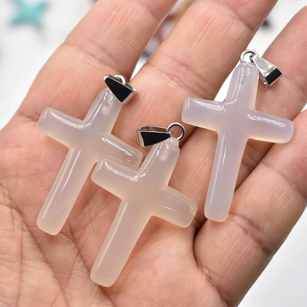 Großhandel 10 Stück/Set Modische Naturstein-Mischung 40x28mm Lange Kreuzanhänger für Schmuckherstellung Charm-Halsketten-Zubehör – Detail 12