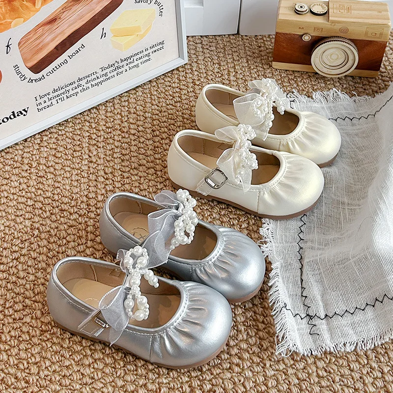 2026 Spring Autumn Little Girls Leather Shoes Princess Fashion Kids Causal Shoes Pleated Lace Children Wedding Party Flat Shoes