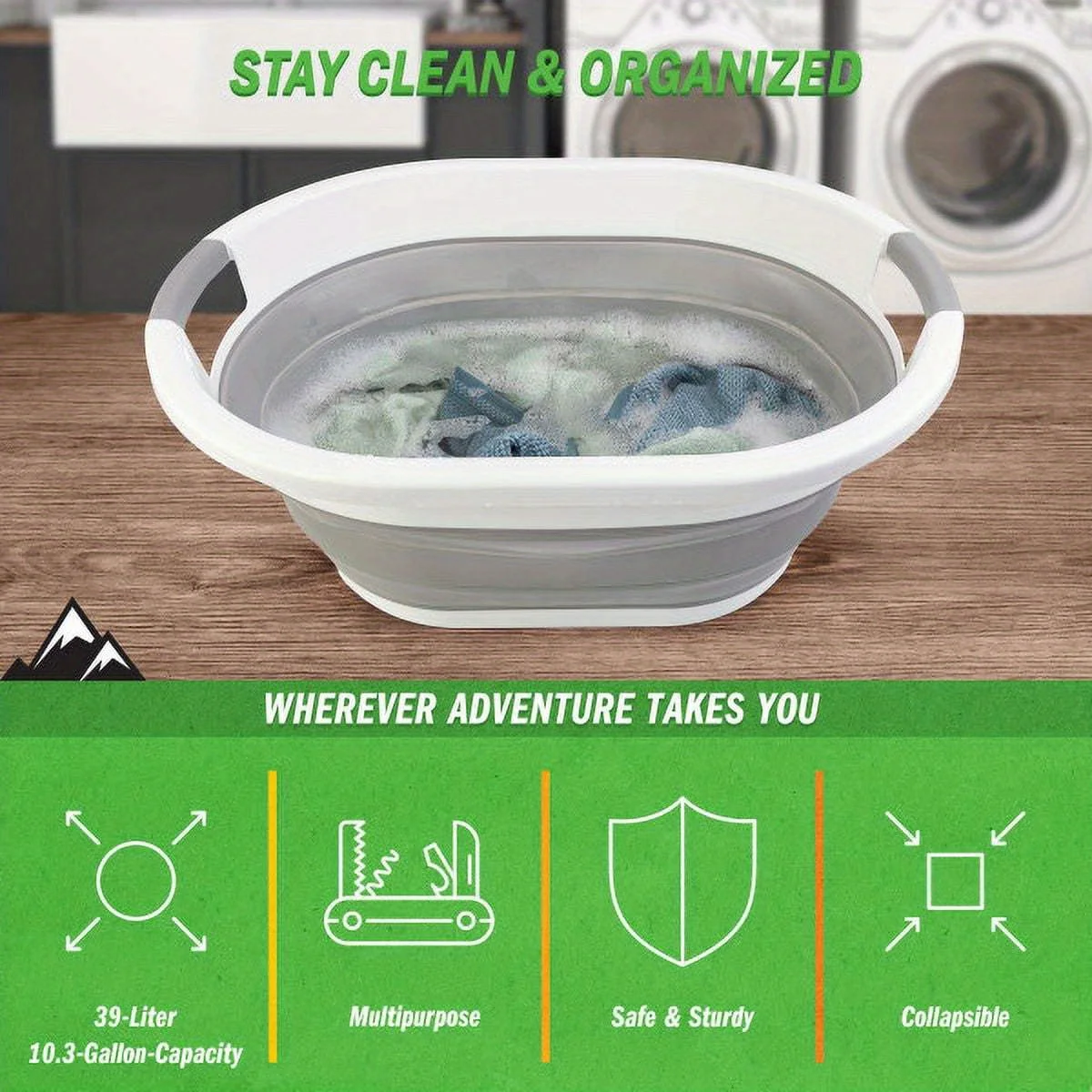 10.3 gal Portable Laundry Basket, Gray, Storage basket, storage container