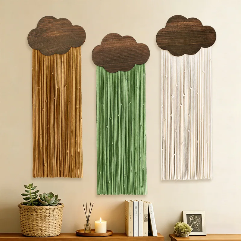 Cloud Shape Wooden Macrame Wall Hanging, Handwoven Cotton Tassel Wall Art, Boho Room Decor, Rustic Home Wall Ornament.
