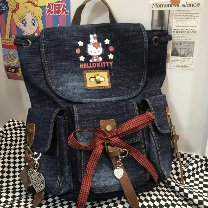 New Kawaii Hellokitty Retro Cowboy Shoulder Bag Cartoon Large Capacity Schoolbag Cute Anime Printing Backpack Bag Birthday Gift