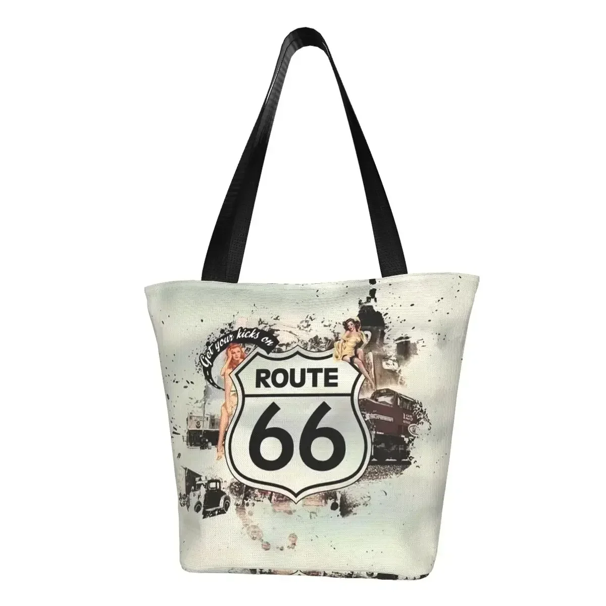 Cute Route 66 Motorcycle Vintage Usa Legend Shopping Tote Bag Reusable Highway Canvas Groceries Shoulder Shopper Bag