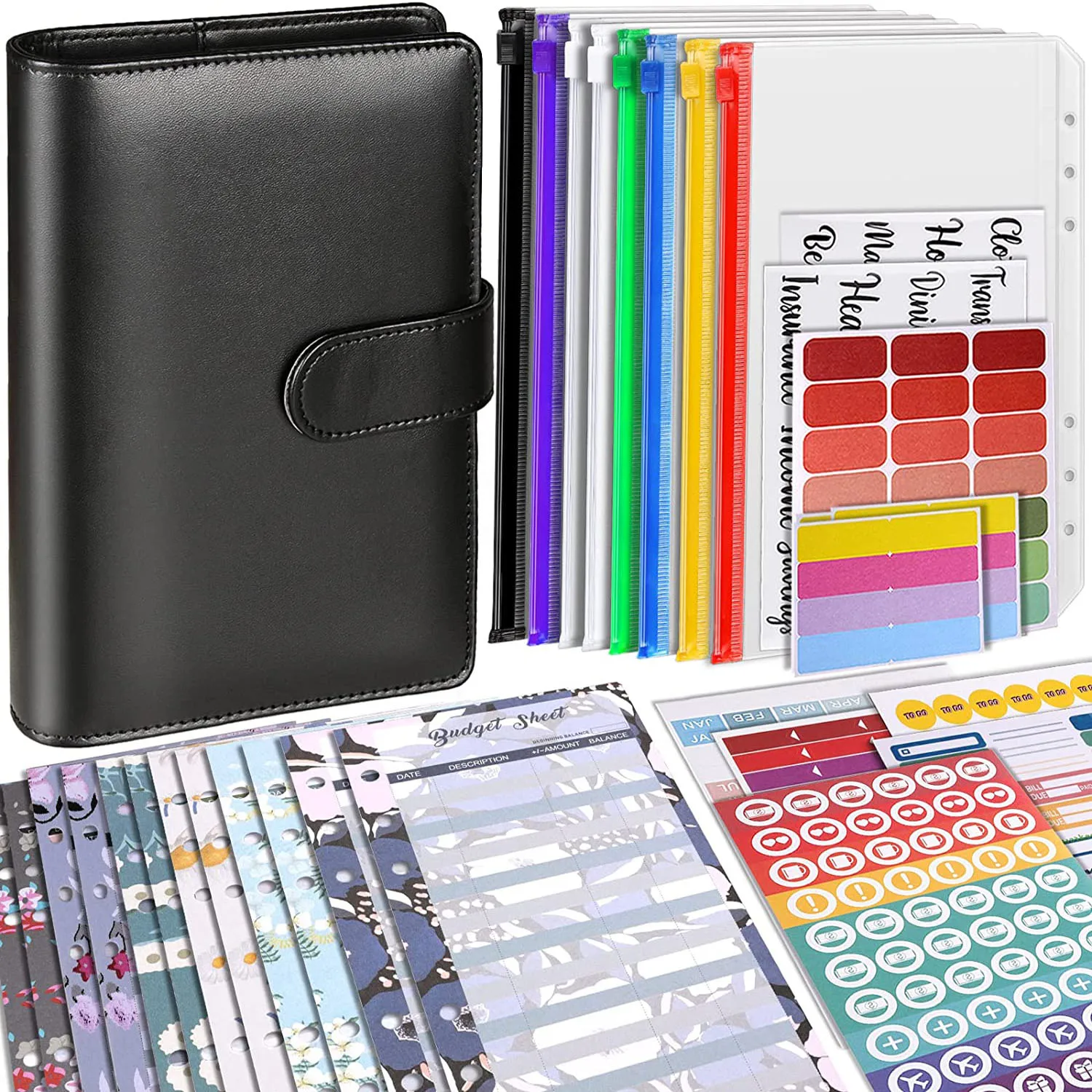 

A6 Budget Binder with Colorful Zipper Cash Envelopes, Budget Sheets,Word Label,Month Tabs,Flag Sticker Label for Travel and Work