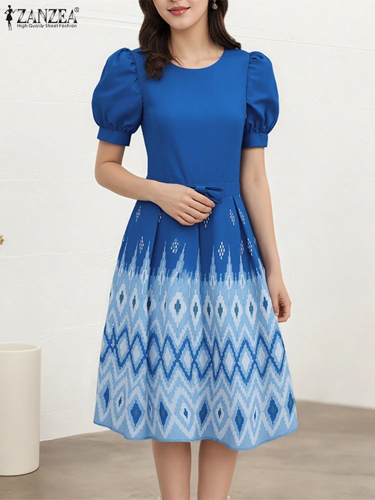 ZANZEA Donne Eleganti Abiti A-Line Manica Corta a Soffio Bohemian Stampato Vestito Estivo 2025 Estate Arco a Vita Alta Festa Vestido