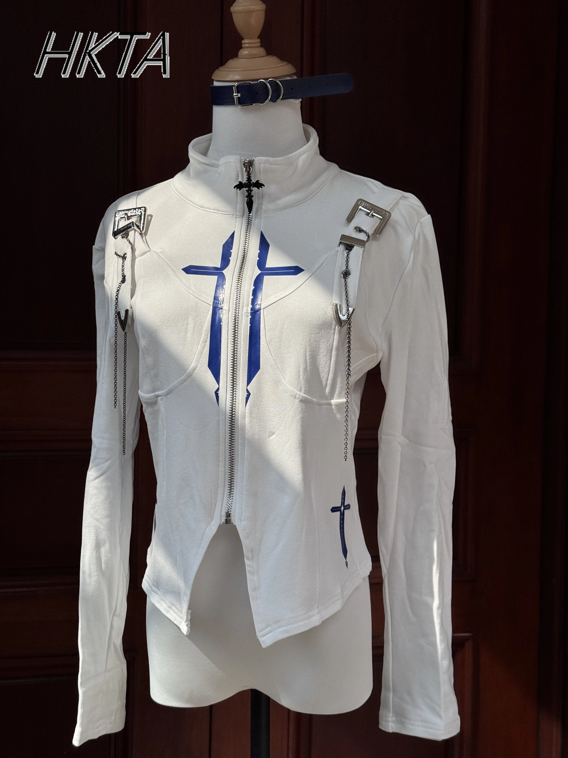 対照的な色のサブカルチャー未来的な機械式スタンドアップカラー tシャツトップ女性夏スタンドアップカラー長袖 tシャツ