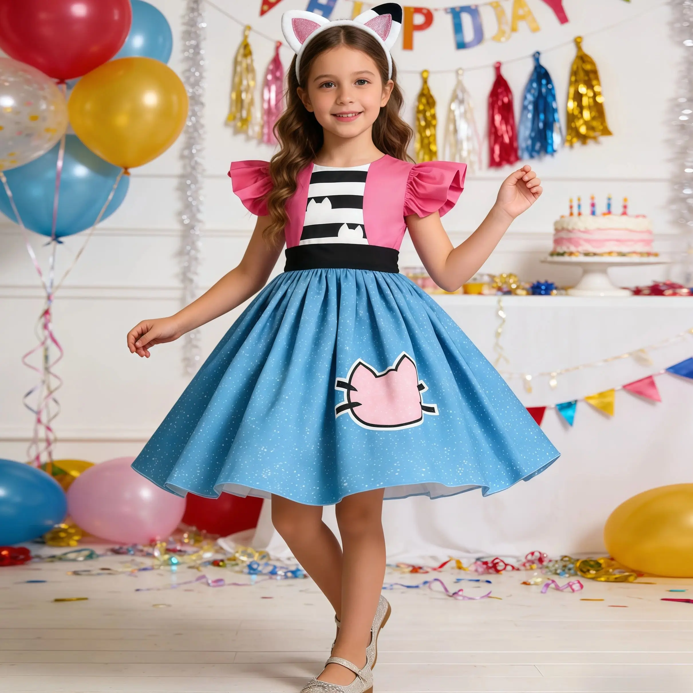Robe de princesse Gabby's Dollhouse pour enfants avec oreilles, accessoire de tête, pour carnaval, fête d'anniversaire, déguisement fantaisie Gabby, robes rayées pour filles