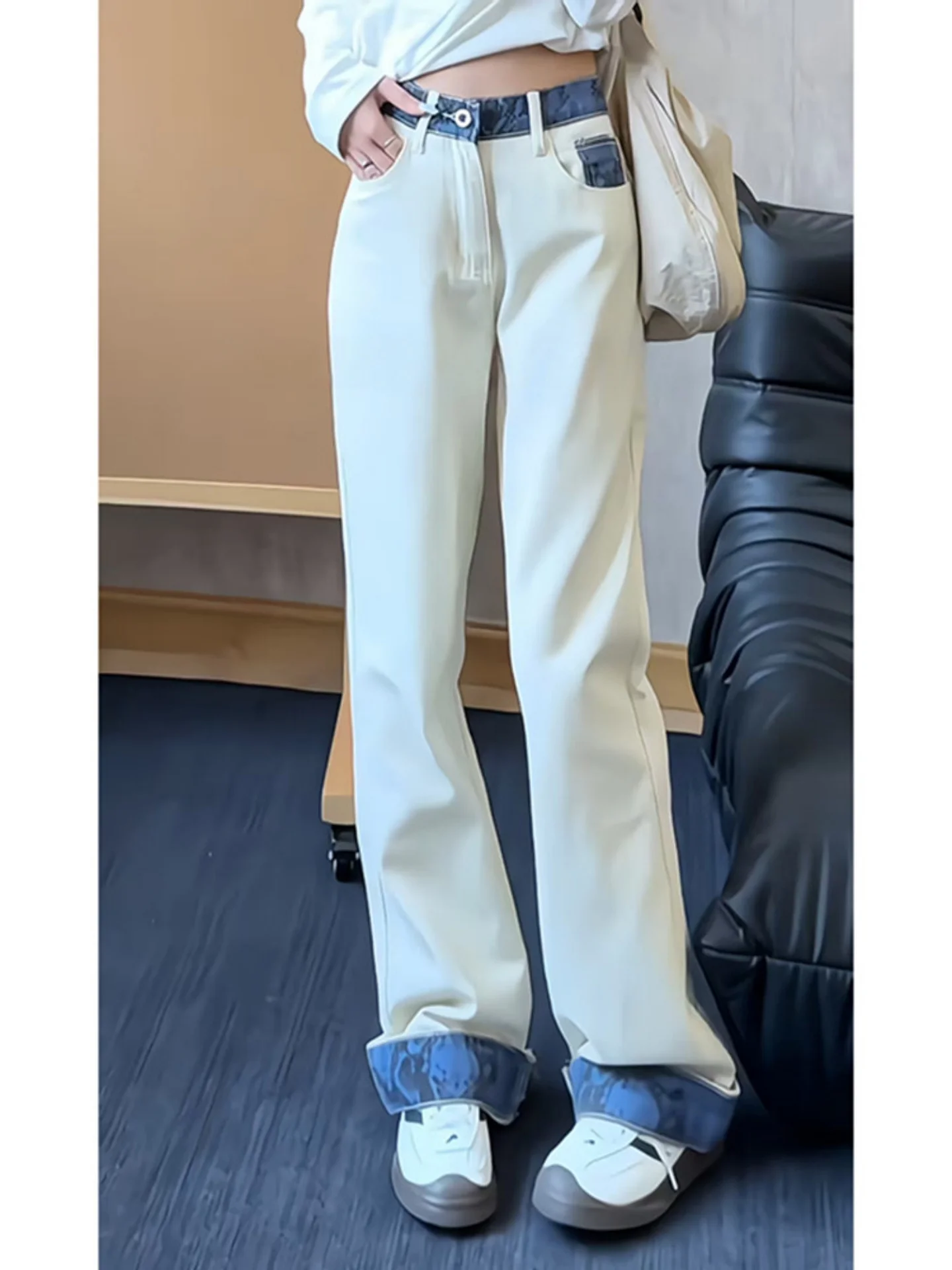 

Men's Light Brown Flared Jeans High Street American Sle Cleanfit Design Splicing Slim Straight Leg Denim Pants Casual Wear