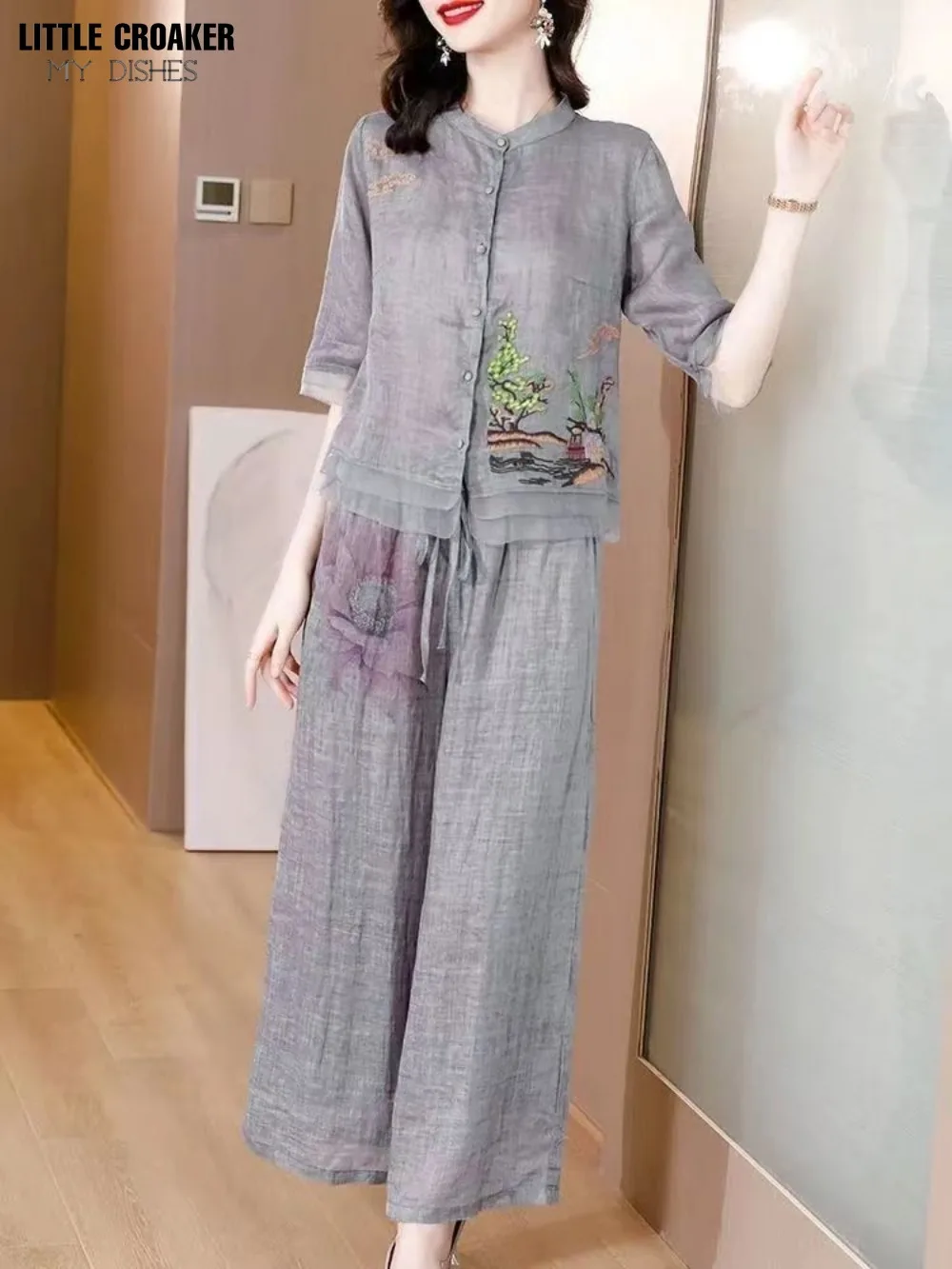 Oriental Vintage Chinese Clothes Set Women Ladies Cotton Linen Breathable Modern Summer Chinese Style Two Piece Top Pant Suit