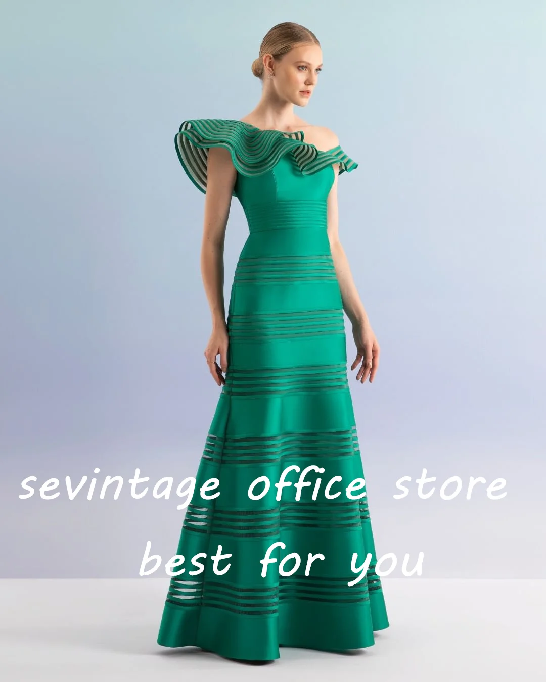 Sevintage-elegante vestido de fiesta verde, sin mangas, un hombro, plisado, fruncido, Formal, 2023