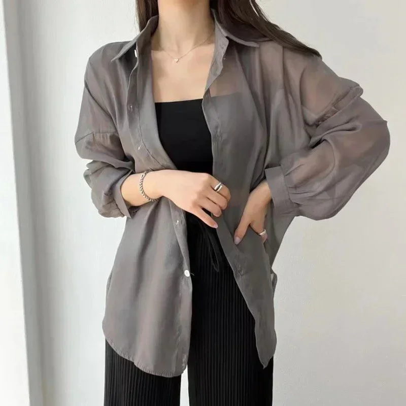 Women Shirts  Sun Proof Thin Shirt Chic Summer Simple Fashion Basic  White Korean Blouse Loose All Match Lazy Wind Tops