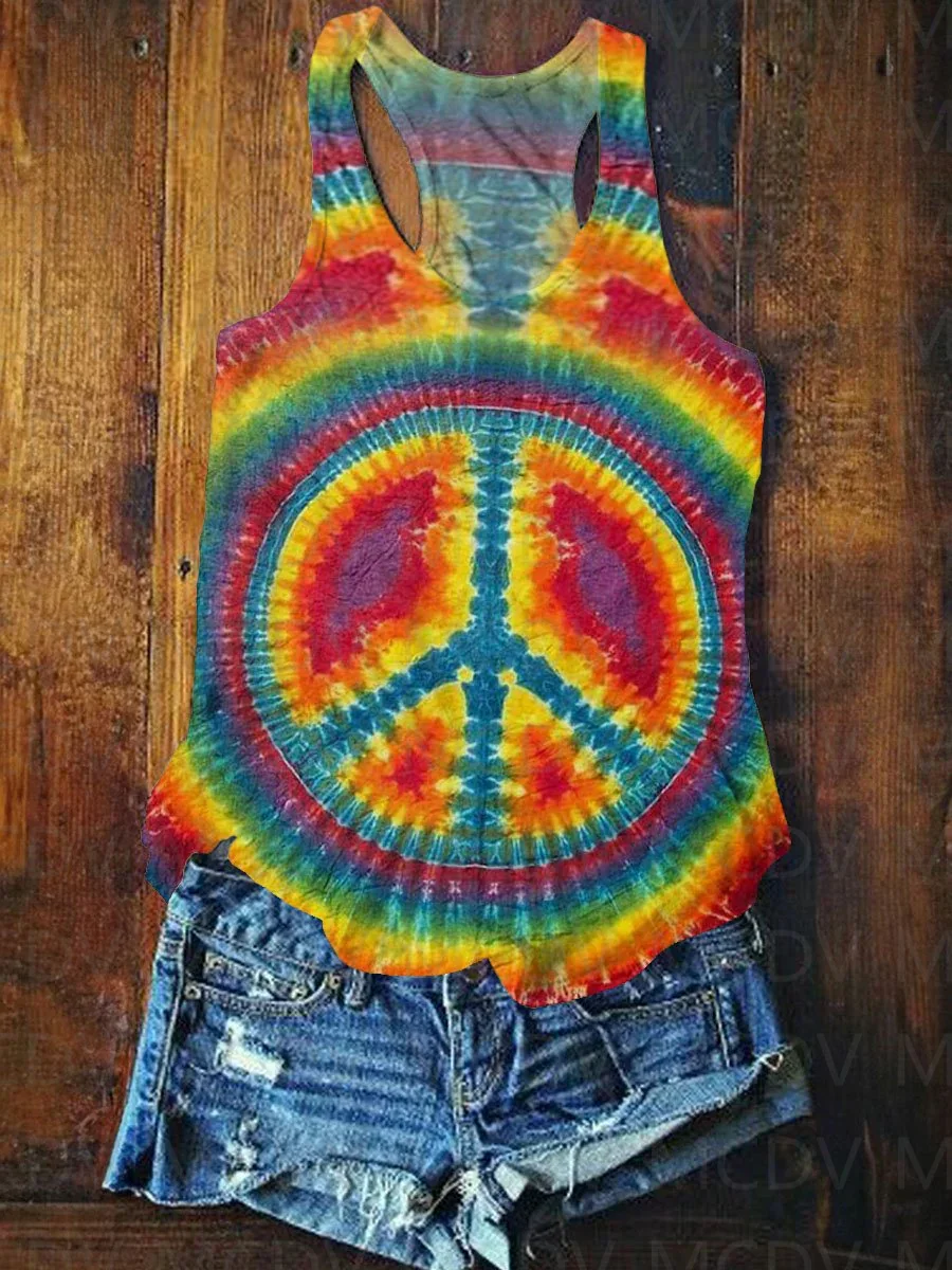 Women's Colorful Tie-Dye Anti-War Peace Sign Print Tank Top Summer Sexy Tank Top