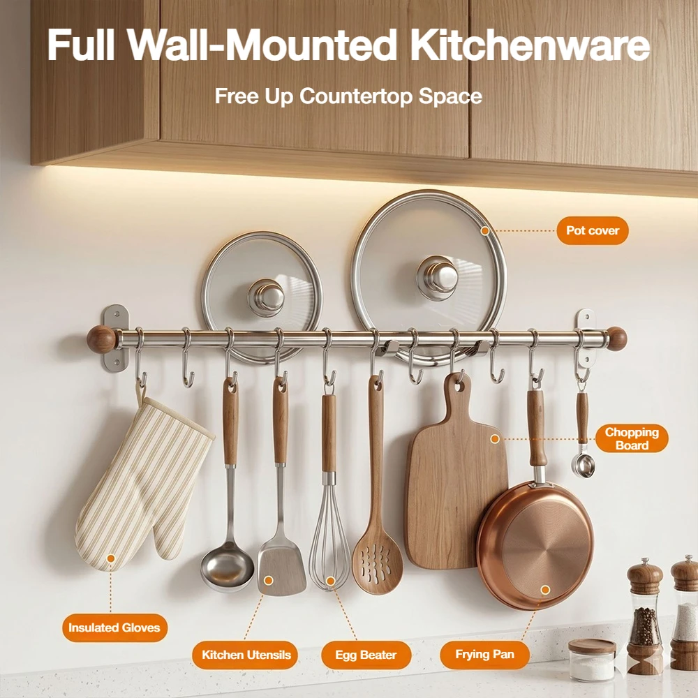 No‑Drill 304 Stainless Steel Wall‑Mounted Pot Pan Storage Rack Multifunctional Kitchen Utensil Hanging Rail with Hooks