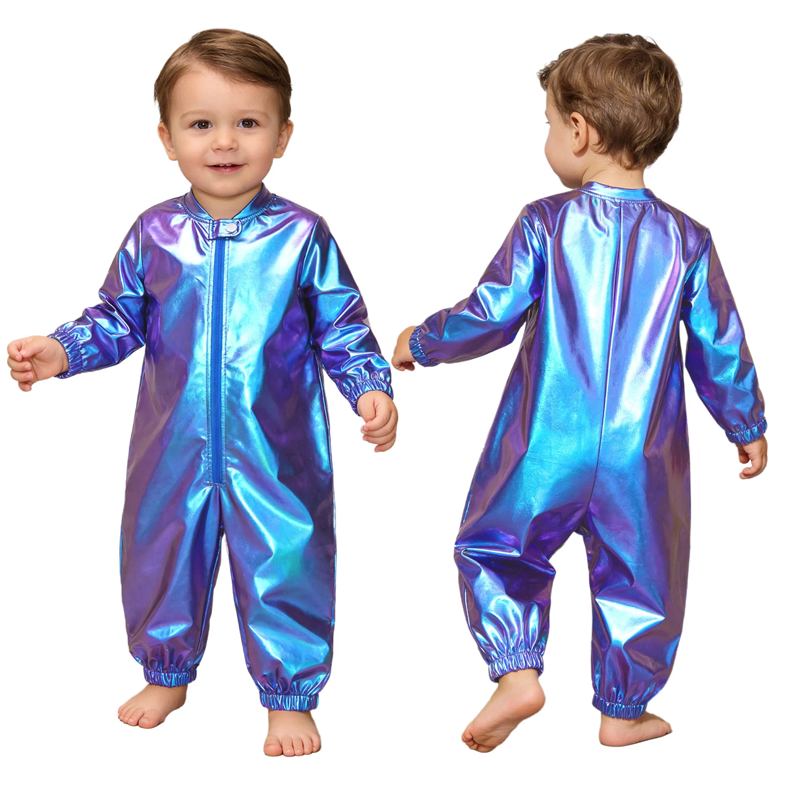 Baby Kid Fashion Metallic Shiny Disco Dance Jumpsuit Long Sleeve Zipper Romper Carnival Theme Party Birthday Photography Costume
