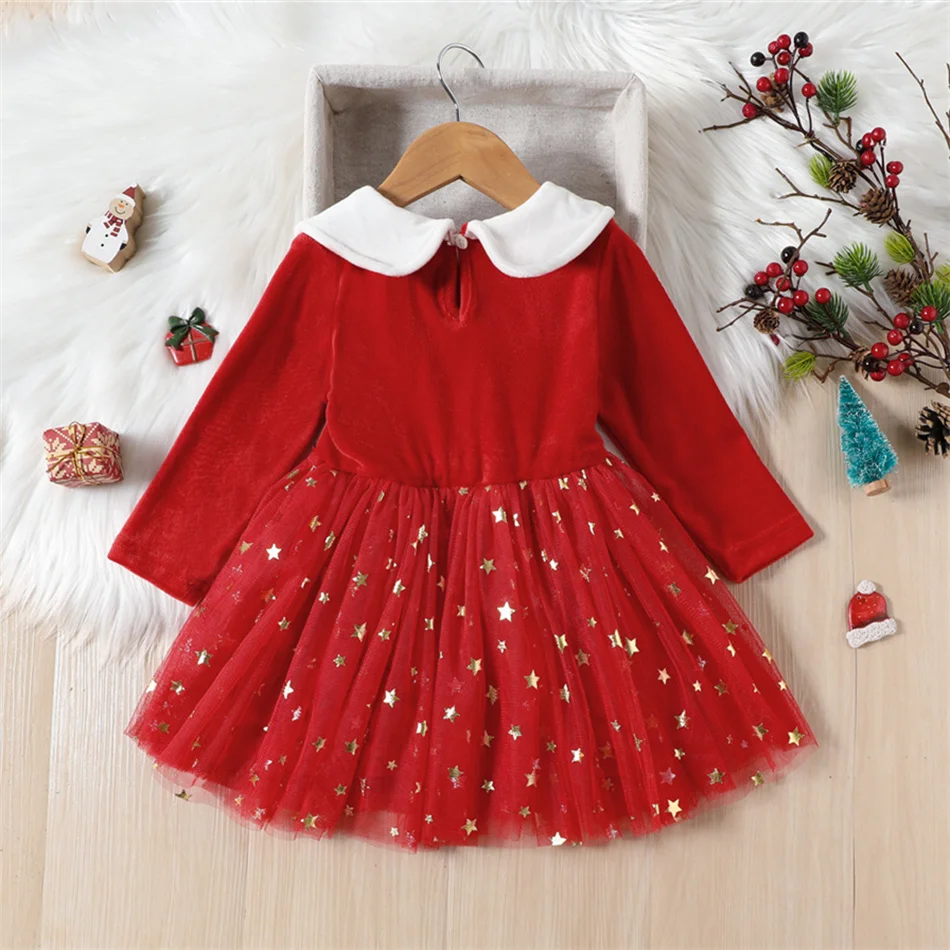 Christmas Toddler Princess Dress Children Star Print Sequin Mesh Tutu Costume Kids New Year Gown Girls Xmas Long sleeve Clothes