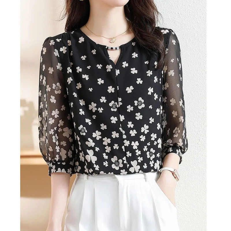 Women\'s Clothing Fashion Casual Printed Half Sleeve Chiffon Blouse Summer New Female Korean All-match Hollow Out Spliced Shirt