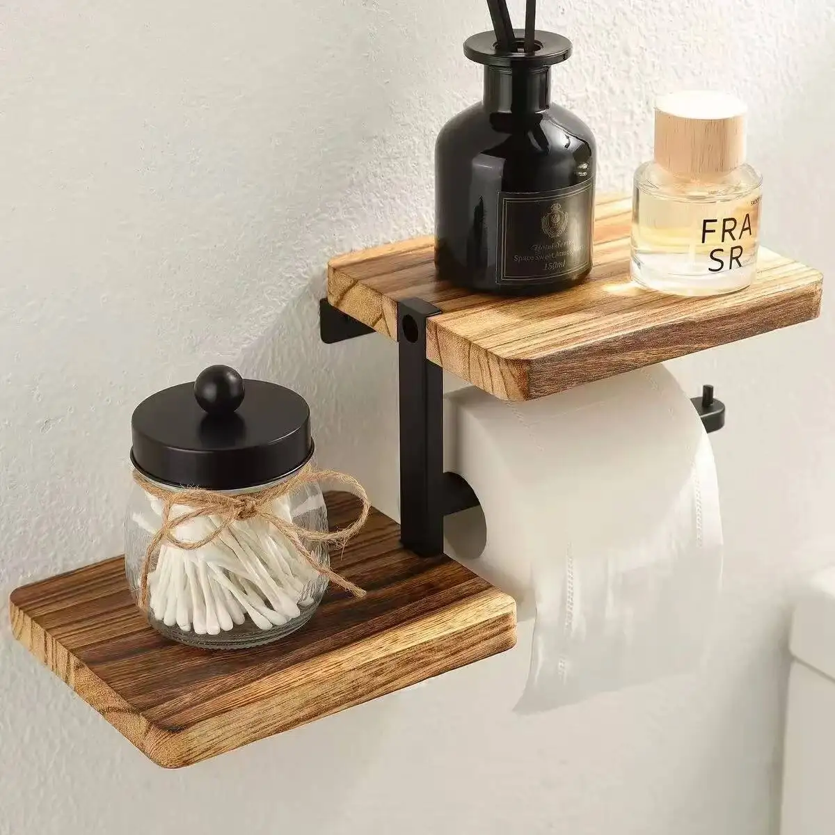 

1Pc Wooden Wall Mounted Bathroom Wallpaper Rack Toilet Paper Holder Black Hanging Tissue Roll Dispenser Kitchen Accessories