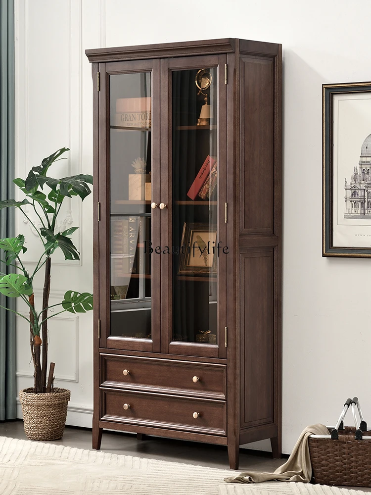 

American-Style Solid Wood Bookcase Floor with Glass Door Integrated Wall Shelf Simple Storage Cabinet