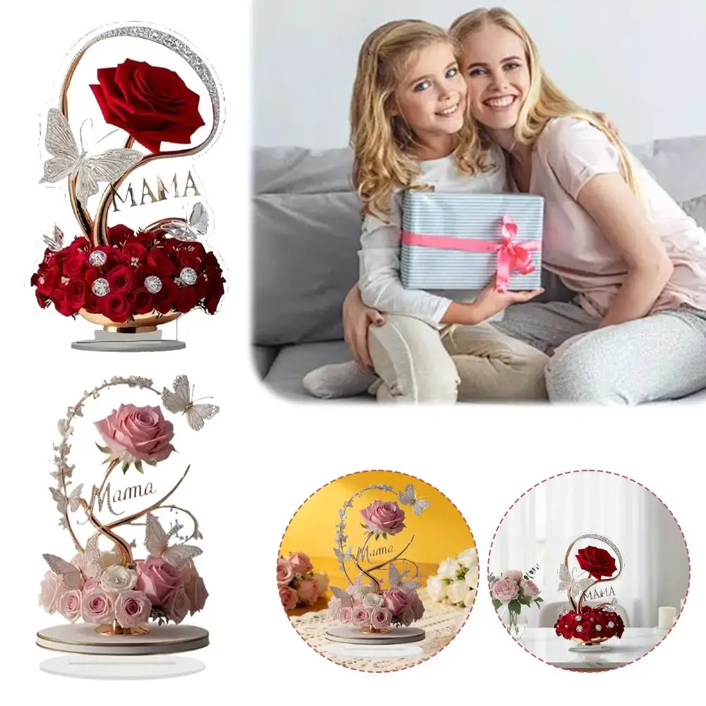 زخرفة أكريليك أنيقة باللون الأحمر الوردي ثنائية الأبعاد مع تفاصيل الفراشة هدية عيد الأم لطاولة غرفة المعيشة المنزلية زخرفة مزخرفة