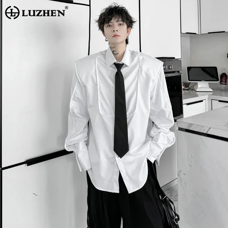 

LUZHEN Autumn Fashion Necktie Decorate Design Plain Long Sleeve Shirts Stylish Elegant Handsome Korean Baggy Men Blouses LZ4713