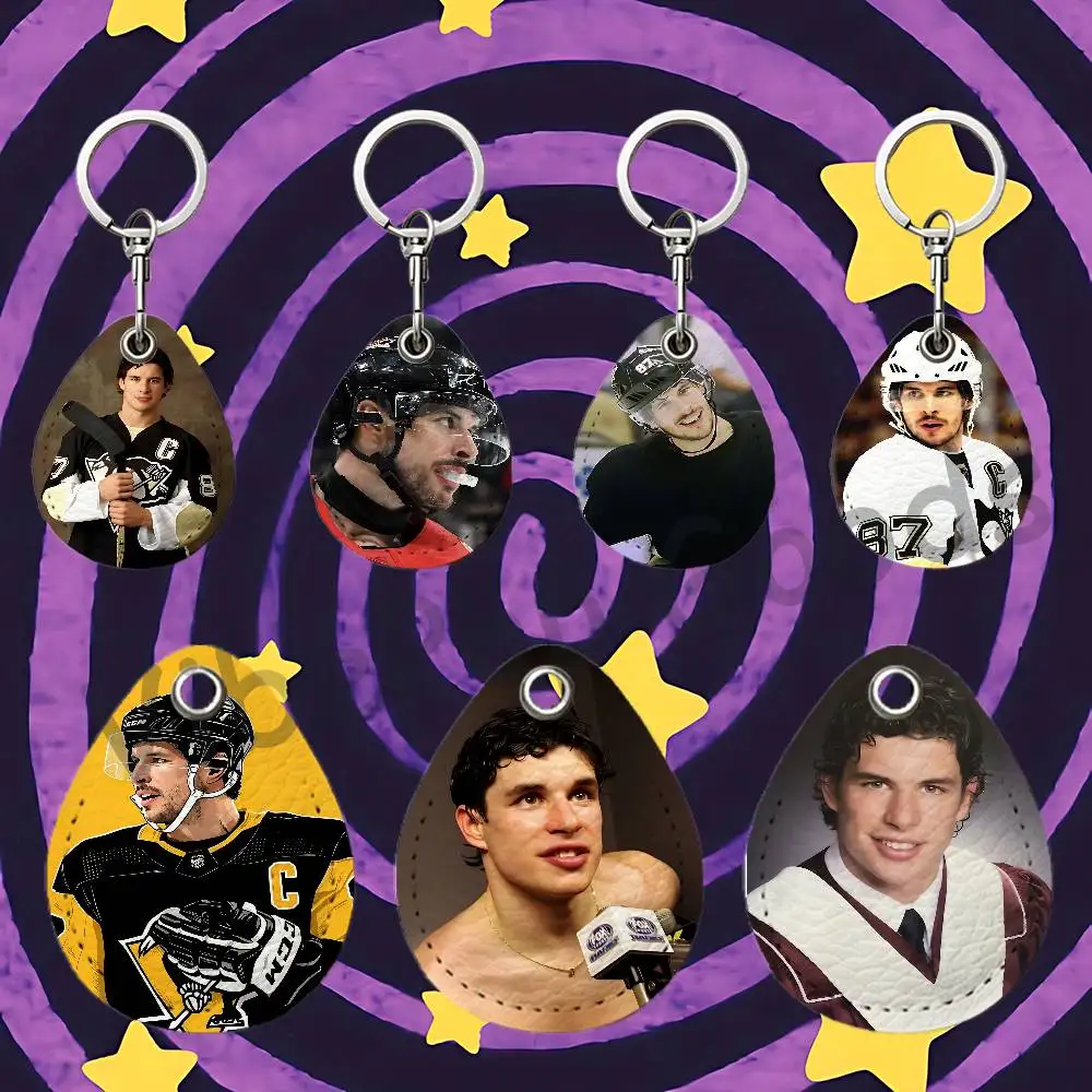 S-Sidney C-Crosby Teardrop Leather Key Fob For AirTag Holder NFC Token Cover Bag Charm Pebbled Leather