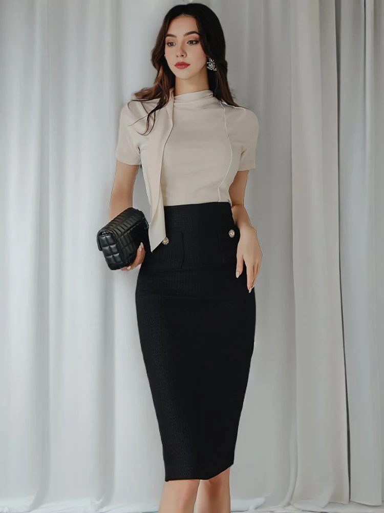 New 2024 Spring Summer Two Piece Set For Women Knitted Tops And Skirts Korean Fashion Office Lady skirt 2 Piece Set