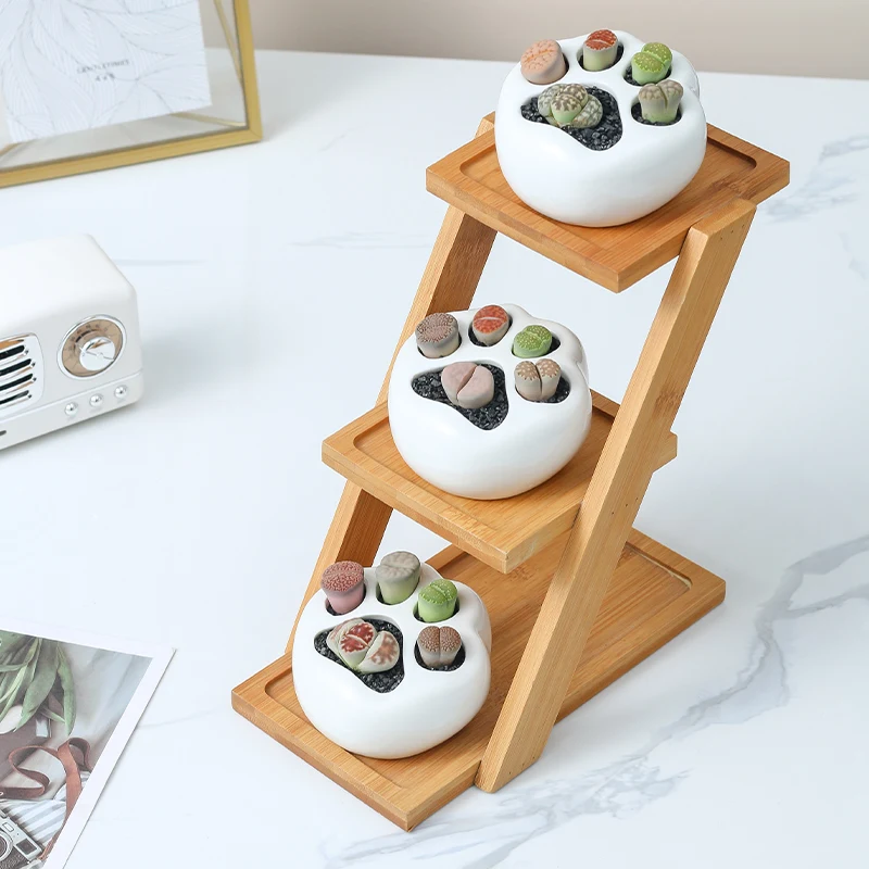 3pcs Succulent Pots with 3-Tier Bamboo Stand Holder White Modern Ceramic Planters Home Desk Garden Mini Cactus Pot Indoor Decor