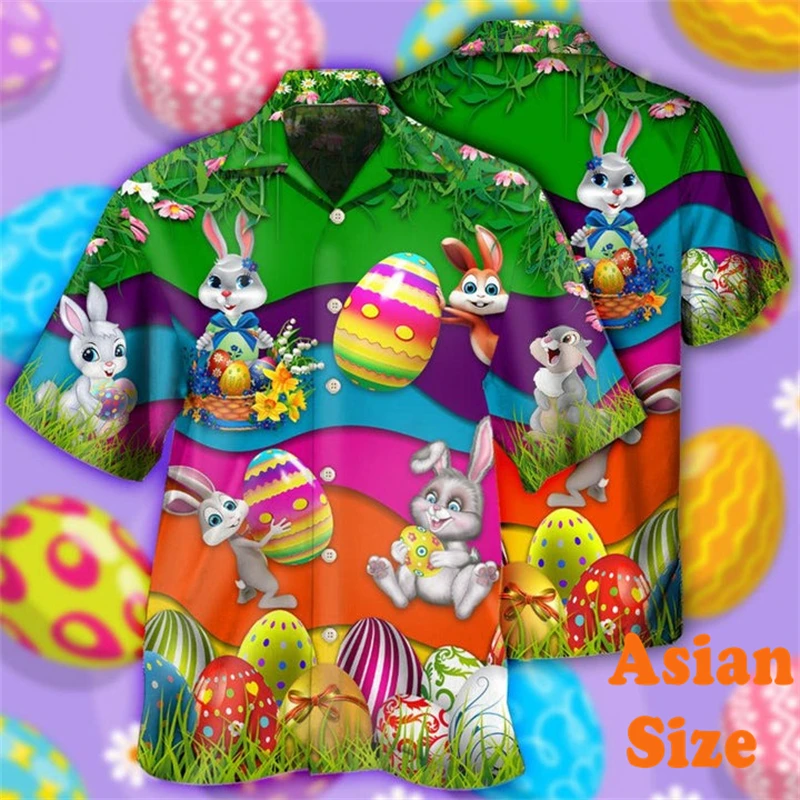 Easter Bunny Eggs Hawaii Shirt For Men's Clothing Funny Festival Fashion Shirts 3D Print Pattern Fashion Trend Streetwear Blouse