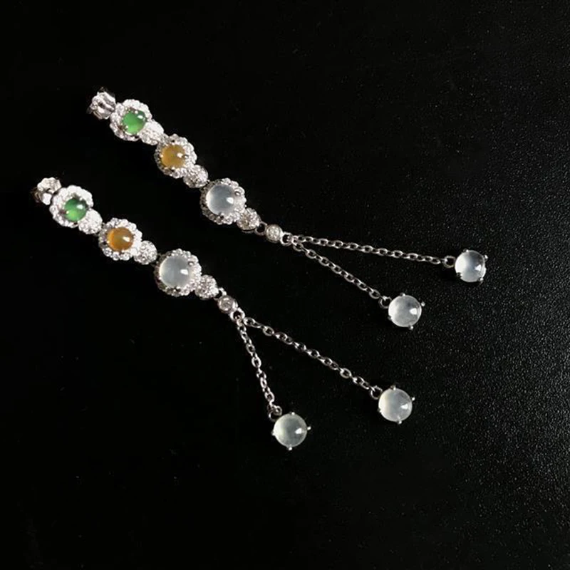 Natural Hetian three-color ice chalcedony with diamond tassel long earrings noble luxury elegant charm ladies silver jewelry