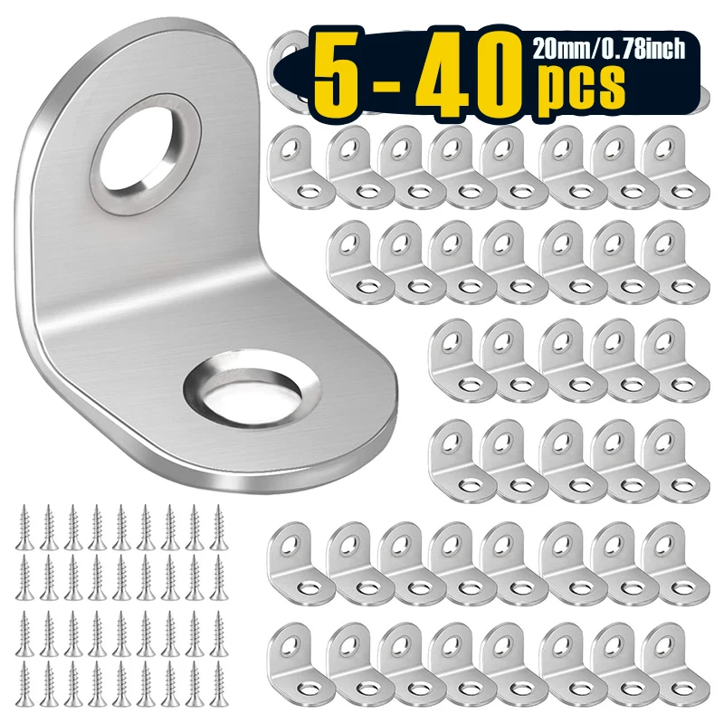 5-40 PCS 20 x 20 mm Stainless Steel L Brackets, 90 Degree Corner Bracket with Screws, Corner Braces for Wood
