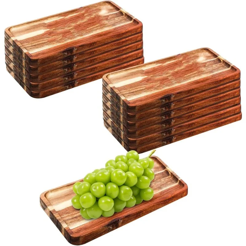 12 Pcs Wooden Platters Acacia Wood Serving Tray Rectangle Dinner Plates Wood Cheese Charcuterie Board Appetizer Plates