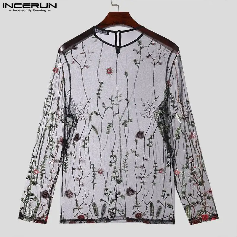 2024 Men T Shirt Mesh See Through Embroidery O-neck Long Sleeve Men Clothing Streetwear Sexy Fashion Party Camisetas INCERUN