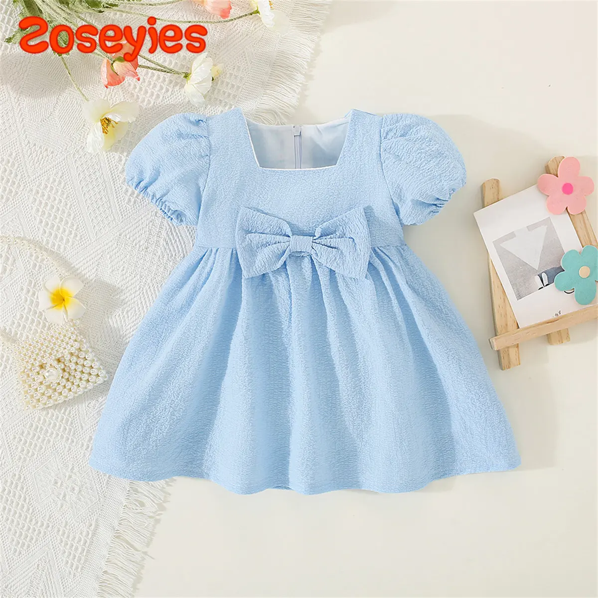 Summer Baby Girl'S Dress Solid Color Round Neck Bow For Ladies Daily Wear Knee Length