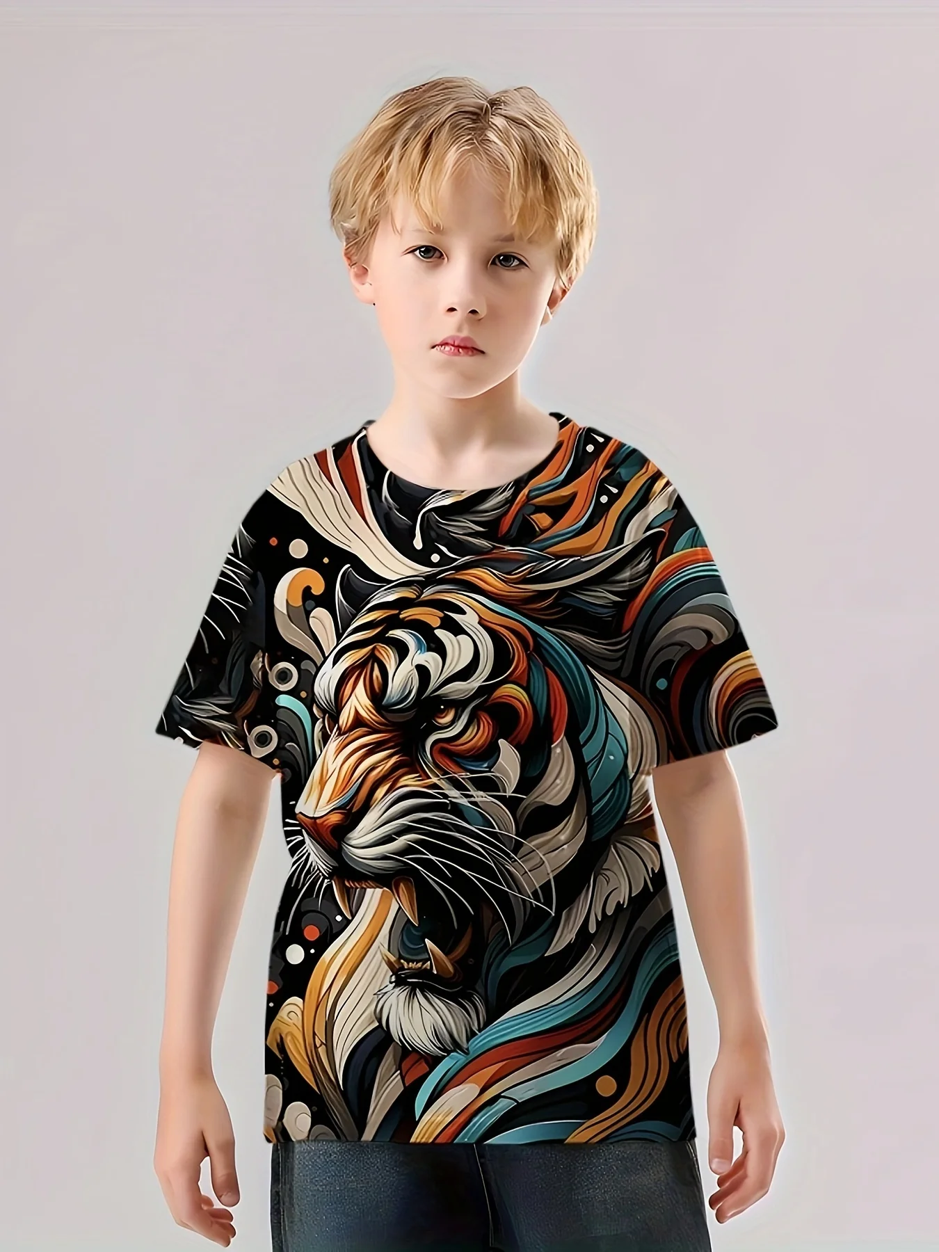 Tiger 3D Print Boy's Casual Tees, Short Sleeve Crew Neck Comfy Versatile T-shirt Kids Summer Sports Clothing